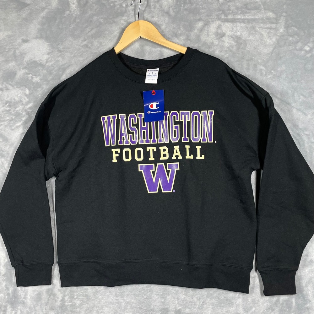 Champion Washington Football Huskies Crewneck Sweatshirt Black S650 Mens L NEW